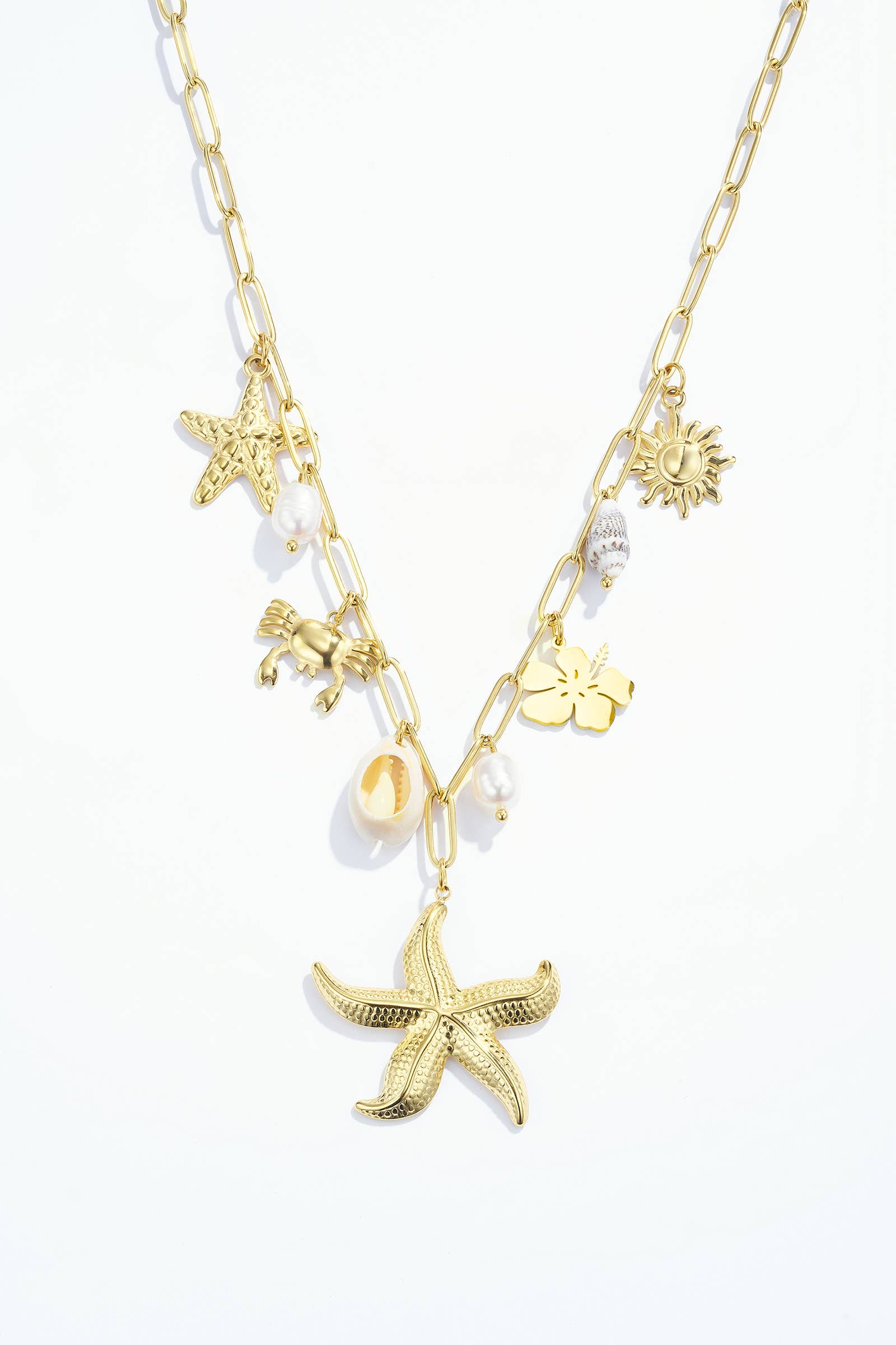 Bohomar Studio goldene Halskette mit Seestern Anhänger Sonne Blume Muscheln und Perlen aus Edelstahl 18K vergoldet