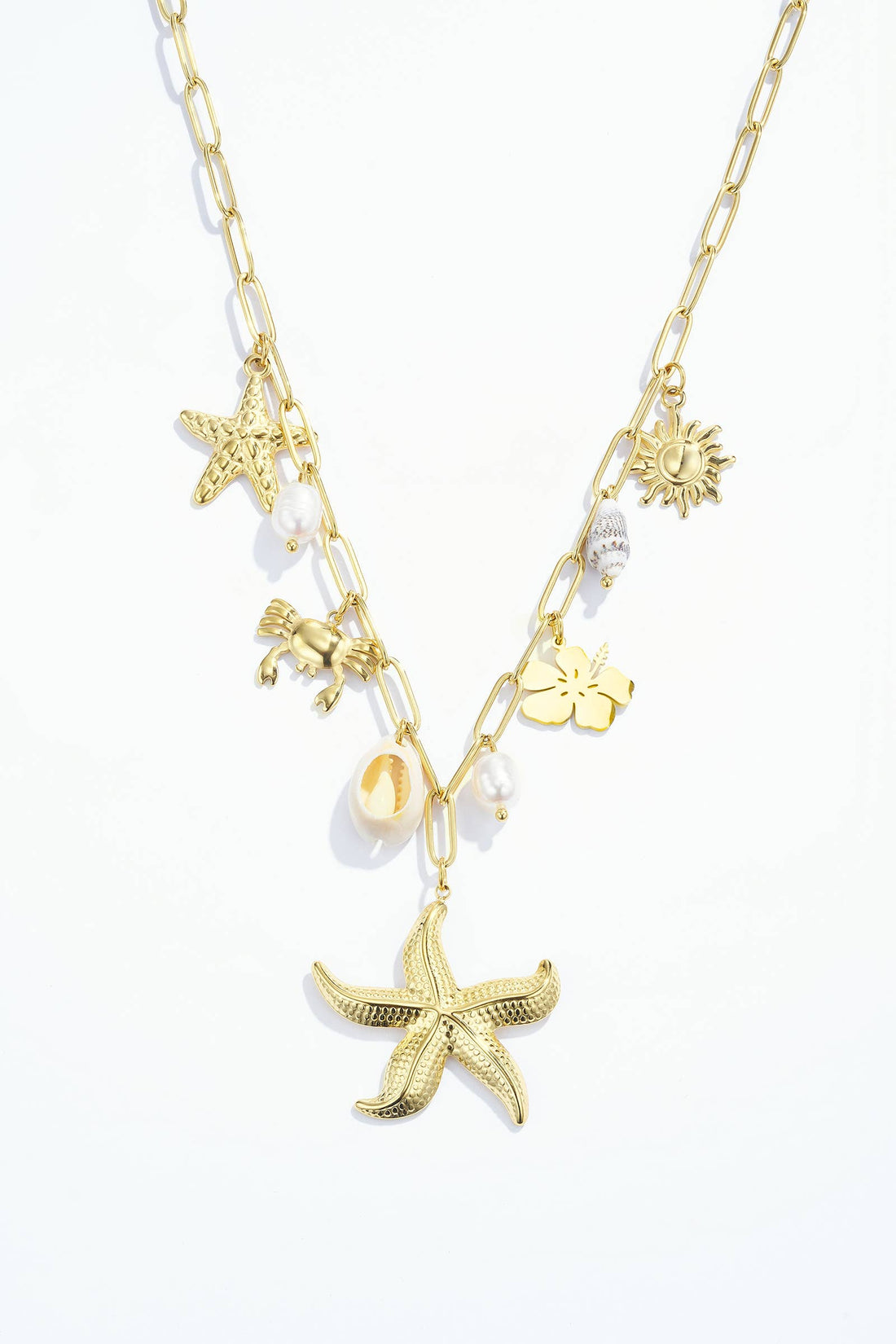 Bohomar Studio goldene Halskette mit Seestern Anhänger Sonne Blume Muscheln und Perlen aus Edelstahl 18K vergoldet