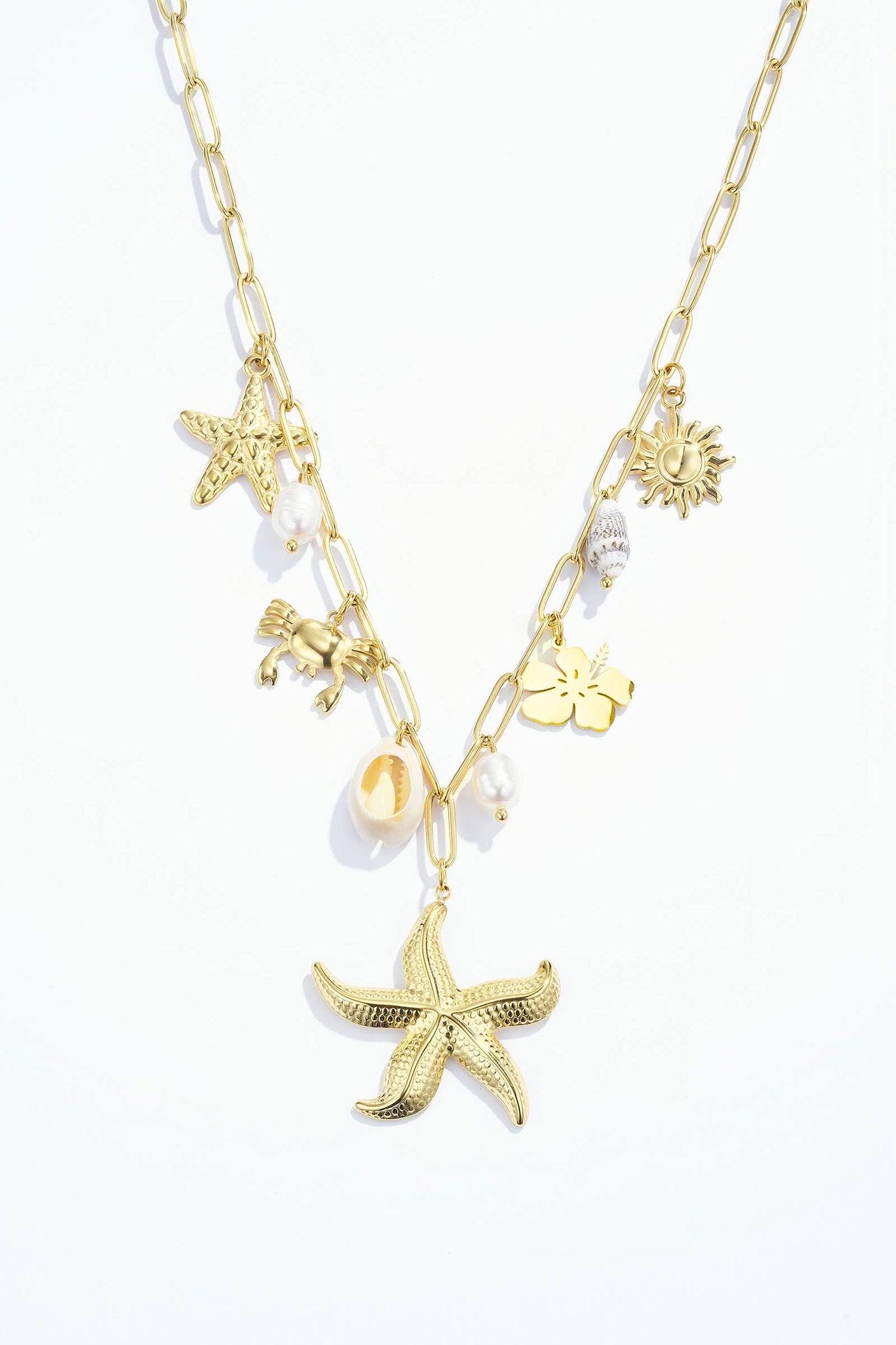 Bohomar Studio goldene Halskette mit Seestern Anhänger Sonne Blume Muscheln und Perlen aus Edelstahl 18K vergoldet