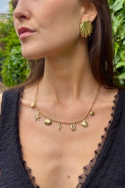 Bohomar Studio goldene Boho Kette mit maritimen Anhängern Muscheln Seestern